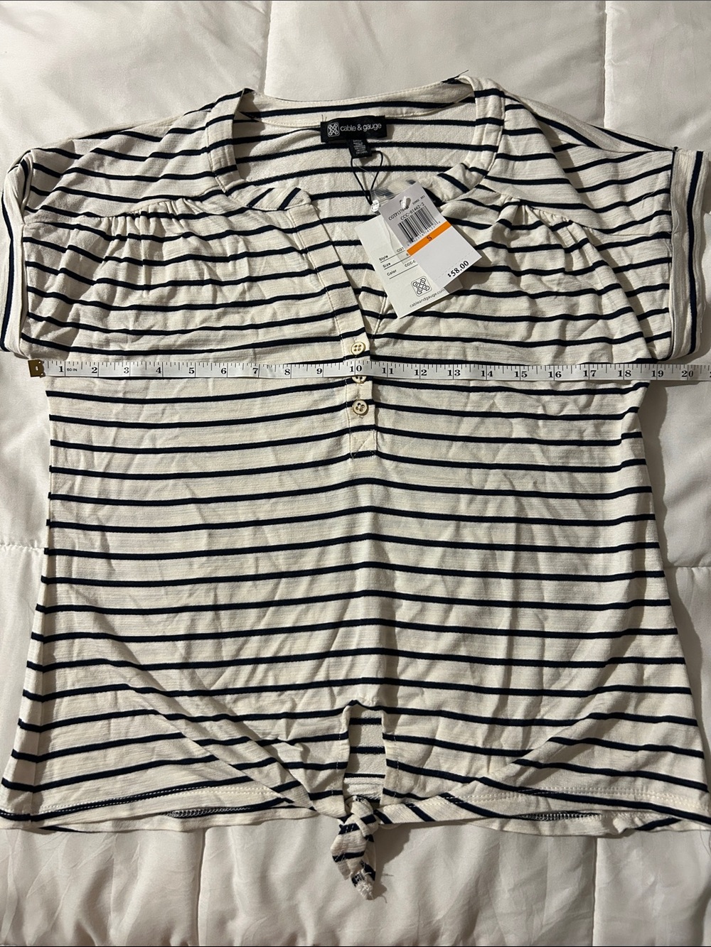 Cable & Gauge Cream and Navy Striped Tie-Front Short Sleeve Top